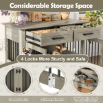 44.48" Large Dog Crate Furniture, Indoor Wooden Dog Kennel End Table with 2 Storage Drawers and Rotating Bowls, Decorative Pet Cage Dog House for Medium Dogs, Gray - Image 6
