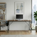 Rotten wood color SG016FD P2 particleboard + iron pipe 160cm cut-off computer desk with non-woven fabric storage - Image 2