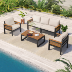GO 4-Piece Outdoor Furniture Sofa Set for 5 People with Acacia Wood Armrests, Patio Conversation Set with Removable Cushion and Solid Wood Coffee Table for Garden,Beige - Image 12