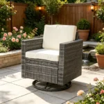 Cream White PE Wicker Outdoor Swivel Rocker – 360° Patio Glider Chair for Porch, Backyard, Deck - Image 5