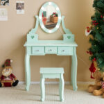 Kids Vanity Set with Mirror and Lights and Stool, 5 Storage Drawers, Pretend Play Princess Makeup Desk Dressing Table and Stool Set for Little Girls Age 3+, Macaroon Green