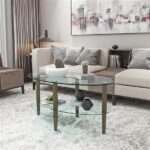 Transparent Oval glass coffee table, modern table in living room Oak wood leg tea table 3-layer glass table - Image 3