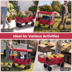 Foldable Utility Wagon,Adjustable Handle Outdoor Wagon, Puncture-Proof Wheels with Brakes, Removable Bag & Side Pockets-Red - Image 10
