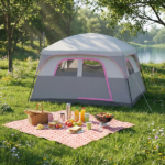 6 Person Outdoor Camping Tent, Waterproof Windproof Easy Setup, Double Layer Family Camping Tent with 1 Mesh Door & 5 Large Mesh Windows, Gray - Image 11