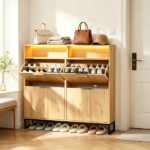 (Do Not Sale on Amazon) 4-Compartment Flip-Up Drawer Shoe Cabinet with Grilles and 2 Drawers LED Light Strip Iron Legs Particleboard Cabinet Body MDF Grille Door Iron Legs Shoe Cabinet 47.24*9.45*44.65in Oak - Image 11