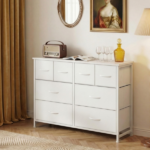 8 Drawers Fabric Cabinet Metal Frame Wide Wood Top Storage Tower TV Stand Clothes Organizer for Bedroom Living Room,White - Image 5