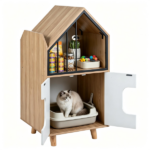 Natural & White Hidden Cat Litter Box Furniture, Elevated Cat Lounge Top Enclosed Cat Washroom Cabinet with Raised Legs for Living Room Bedroom Apartment - Image 2