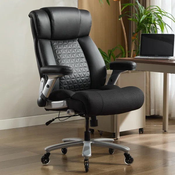 500lbs Big and Tall Office Chair with Adjustable Lumbar Support, Executive Office Chair Heavy Duty with Flip-up Armrest and Wider Seat, Ergonomic Leather Chair Breathable with Quiet Rubber Wheels.Black.