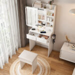 Small Makeup Vanity Desk with Mirror & Adjustable LED Lights,Built-in Power Outlet & Hidden Storage, Includes padded stool & Shelf,Space-Saving Dressing Table for Small Bedrooms,White - Image 10