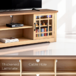 57.87 Inch TV Stand with Deep Brown Top & Natural Wood Cabinet - Double Glass Door Media Console, Laminate Particle Board Entertainment Center for TVs Up to 65 Inches - Image 3