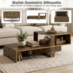 2-Tier Modern Geometric Coffee Table Engineered Wood Low Center Table with Storage Shelf, Waterproof Surface Cross Base Accent Table for Living Room Tea Game Work - Brown - Image 10