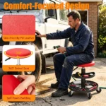 Red Adjustable Rolling Mechanic Stool with 2-Tier Tool Storage Trays, PU Leather Pneumatic Height Adjustable Workshop Seat with 5 Casters Holds 265LBS for Garage Repair - Image 10