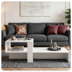 2-Tier Modern Geometric Coffee Table Engineered Wood Low Center Table with Storage Shelf, Waterproof Surface Cross Base Accent Table for Living Room Tea Game Work - White - Image 9