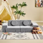 14 PCS Modular Kids Play Couch, Convertible Foam Building Block Sofa Fort Play Set, Corduroy Detachable Floor Sofa for Toddlers Playroom Bedroom Living Room, Grey - Image 8