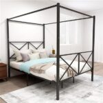 Metal Canopy Bed Frame, Platform Bed Frame Queen with X Shaped Frame Queen Black - Image 8