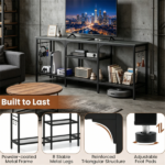 Industrial 3-Tier TV Stand for 65 Inch TV, Heavy Duty Metal Frame Entertainment Center with Anti-Tip Design & Storage Hooks for Living Room - Oak - Image 8