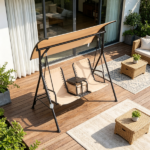 Beige 2-Seat Porch Swing with Adjustable Canopy, Built-in Storage Table & Cup Holders for Backyard - Image 8