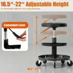 Black Adjustable Rolling Mechanic Stool with 2-Tier Tool Storage Trays, PU Leather Pneumatic Height Adjustable Workshop Seat with 5 Casters Holds 265LBS for Garage Repair - Image 9