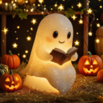 Cute Ghost Reading Book Lamp Halloween Gifts Light Up Ghost Statue Night Light Ghost Warm Lighted Indoor Figurine House Mantel Decor for Home Party Bedroom Shelf Table (6 inch)