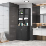 MDF With Triamine One Door One Drawer Three Compartments High Cabinet Bathroom Wall Cabinet Black - Image 17