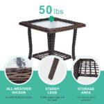 Outdoor Wicker Side Table, Rattan End Table with Glass Top, Patio Coffee Bistro Table for Indoor Garden Porch Balcony, Brown - Image 9