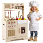 Kids Wooden Play Kitchen with Realistic Lights & Sounds, Pretend Ice Maker & Accessories for Toddlers