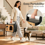 Wooden Cat Cave House with Dual-Use Sisal Scratching Post Handle, Engineered Wood Indoor Cat Condo with Hanging Bell Ball Removable Washable Cushion Anti-Scratch Foot Pads for Small Medium Cats Natural Black - Image 9