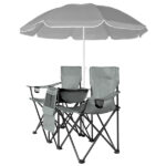 Portable Outdoor 2-Seat Folding Chair with Removable Sun Umbrella Grey - Image 10