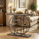 Industrial Sofa Table 39.4" Console Table with Storage Shelves Rustic Oak Finish for Living Room Hallway - Image 9