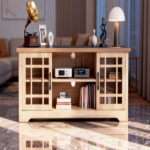 57.87 Inch TV Stand with Deep Brown Top & Natural Wood Cabinet - Double Glass Door Media Console, Laminate Particle Board Entertainment Center for TVs Up to 65 Inches - Image 13