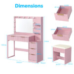 Pink particleboard with a melamine finish, 5-drawer, 2-tiered dressing table set with 11 three-tone light bulbs, power strip, and grille. - Image 4