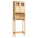 2-Door 3-Tier Toilet Cabinet Particleboard Melamine-Faced Bathroom Vanity Bathroom Cabinet with Rattan Surface 23.62*8.66*66.93in Natural Wood - Image 4
