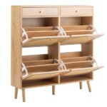 Rattan-front shoe cabinet with 2 drawers and 4 flip-down compartments, made of particleboard, 105*24*110cm, natural wood color - Image 3