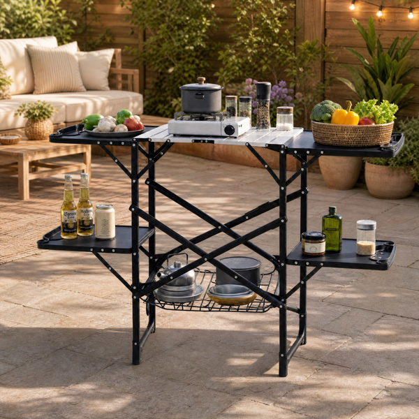 df0d6aab-1b12-44f8-8467-02ddf02e67e5.png Foldable Aluminum Camping Kitchen Table Heat Resistant Slatted Tabletop, 4 Foldable Side Trays Mesh Storage Rack Hanging Hooks 154lbs Load Capacity Built-In Carry Handle for Campsite Park Travel - Image 1