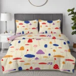 Mushroom Comforter Set Queen Size, Pink Yellow Mushroom Bedding Bedding Set, 3 Piece, 1 Comforter (90"x90") and 2 Pillow Shams (20"x36")