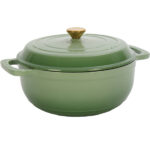 Cast iron 7.5QT cooking pot - Gradient green color - Includes two silicone gloves - Enamel pot