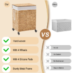 100L 2-Section Laundry Hamper with Lid and Wheels, Woven Natural Water Hyacinth Rolling Laundry Hamper - Image 2
