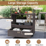 Handwoven PE Rattan Outdoor Bar Cart with Tempered Glass Top & Drawer, 4 Wheels with Brakes Serving Cart for Patio - Image 2