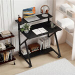 Black Rolling Computer Desk with Power Strip 32" Mobile Office Desk with Monitor Stand - Image 8