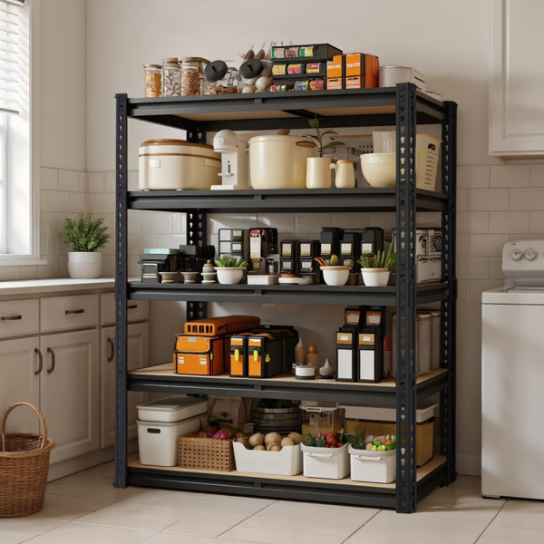 Garage Shelving Storage 60” H, Heavy Duty Metal Shelves 2400 lbs Capacity, Adjustable 5 Tier Rack for Basement Warehouse Pantry Closet, Black