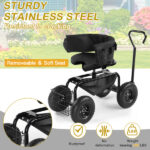 Rolling Garden Cart with Cushioned Backrest & Seat, Outdoor Gardening Stool for Planting, Garden Scooter with 360 Degree Swivel Seat & Steering Handle & Tool Tray, Black - Image 17