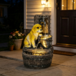 22" 3-Tier Puppy Themed Resin Garden Fountain: Rustic Brown Outdoor Water Fountain with LED Lights & Adjustable Flow - Image 3