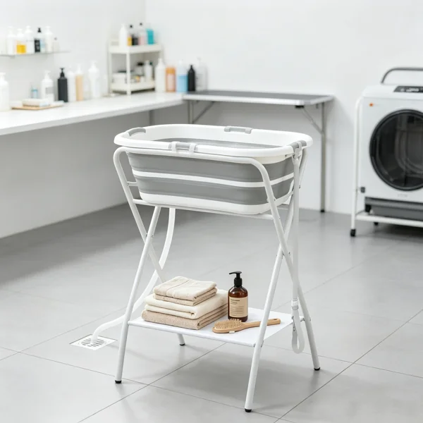 Dog Bath Tub for Small Dogs – Elevated Foldable Dog Washing Station, with Hose, Storage Shelf, for Puppies