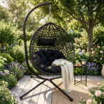 Foldable Hanging Egg Chair with Stand, HDPE Rattan Wicker Swing Chair with Cushion, Heavy Duty Frame 350 Lbs Capacity, Outdoor Patio Indoor Bedroom Balcony, Black+ Black - Image 13