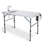 50" Folding Fish Cleaning Table with Sink, Bi-Folding Portable Camping Sink Station with Drain Hose, Trash Can, Foldable Outdoor Sink for Camping, Fishing, BBQ - Image 3