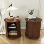 Mid Century Modern Cylinder End Table with Built-in Charging Station & Sliding Door, 2-Tier Storage Round Nightstand with USB Ports, Walnut Bedside Table for Living Room, Bedroom, Entryway - Image 10