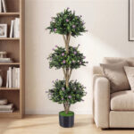 51" Artificial Boxwood Topiary Tree with 59 Flowers, Realistic Faux Evergreen Plant - Purple - Image 2
