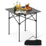 Black 28" Foldable Camping Table with Aluminum Top, 150 lbs Capacity Portable Picnic Table with Carry Bag