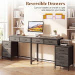 5 Drawer Computer Desk with Reversible Drawers & Printer Shelf, Industrial Home Office Writing Desk with Metal Frame - Oak - Image 9