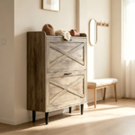 2-Drawer Top-Mounted Barn Door Shoe Cabinet Melamine Board Embossed MDF Shoe Cabinet 31.61*9.45*39.37in Washed Ash - Image 9